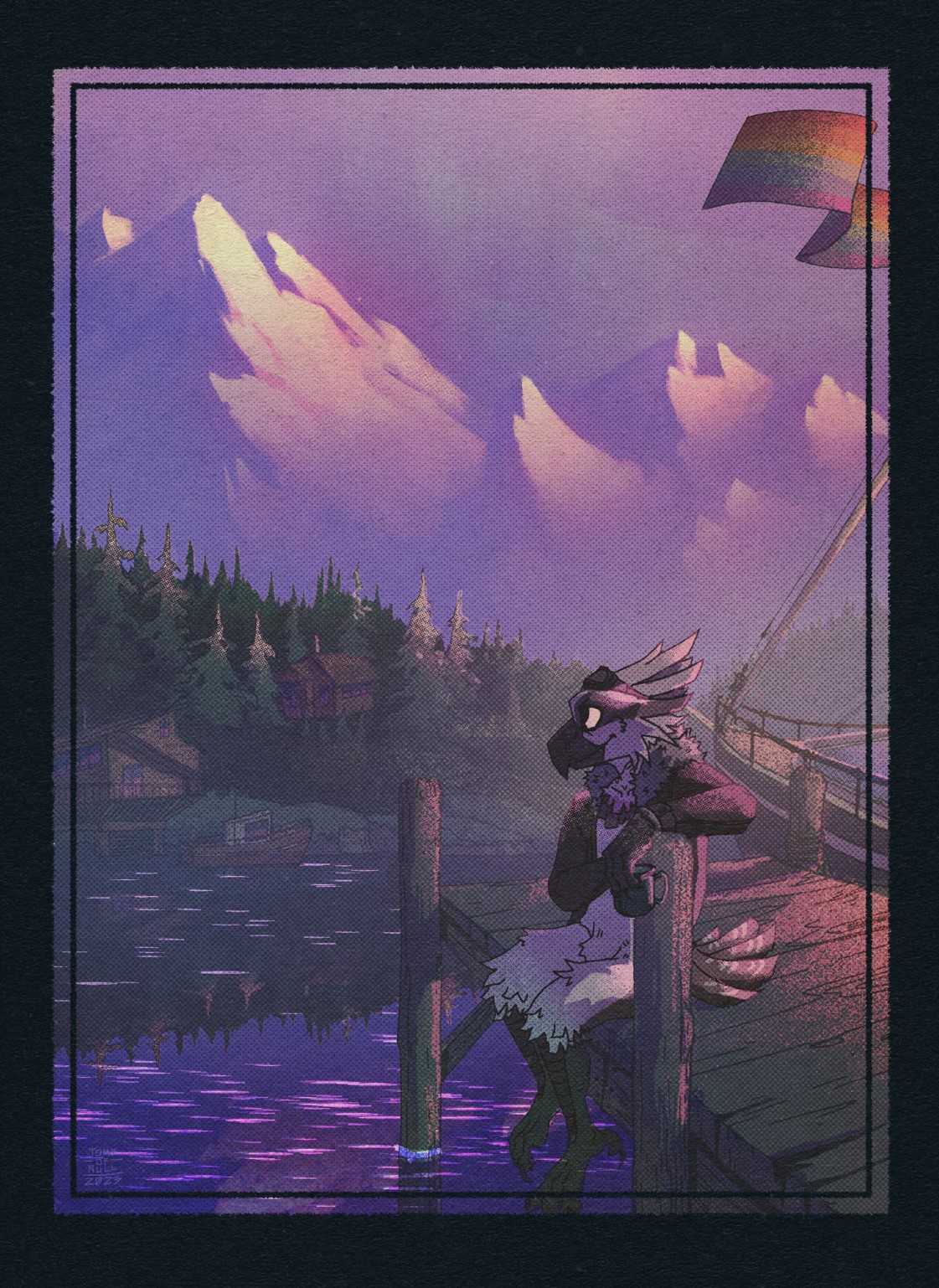 An illustration of an anthro osprey sitting on a dock, their boat resting on the other side. They gaze out at a snowy mountain range, with a village nestled in a pine forest across the lake. The scene is bathed in the glow of a pink-violet sunset.